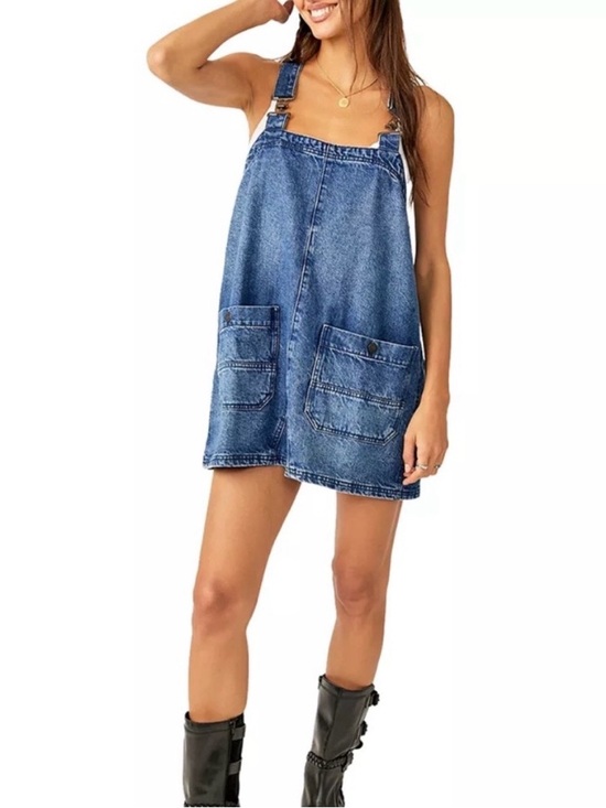 We The Free Denim - We The Free Blue Denim Overall Mini Dress with Front Patch Pockets, XL